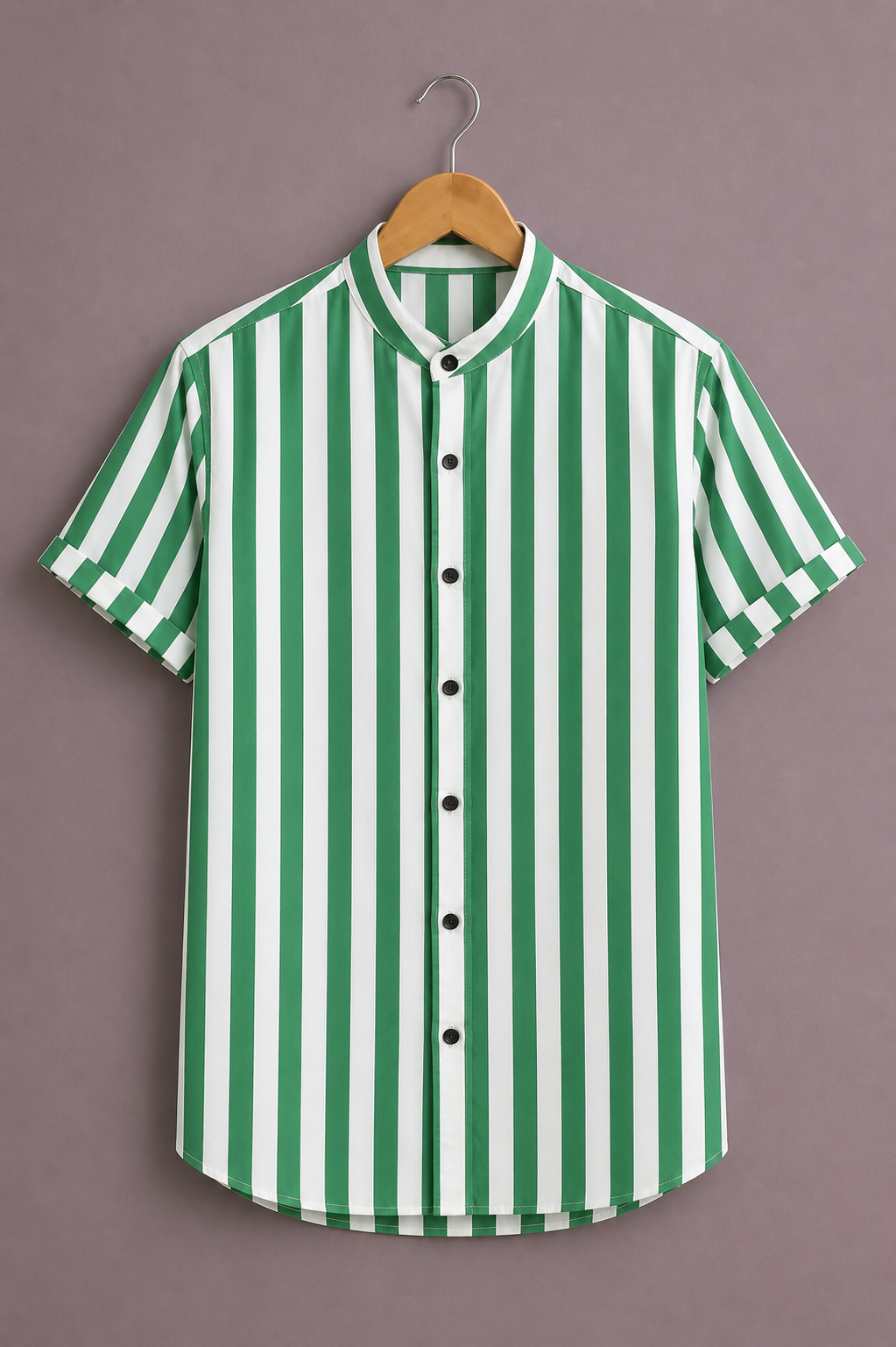 Men’s Green & White Stripe Shirt – Stylish Vertical Pattern Casual Wear