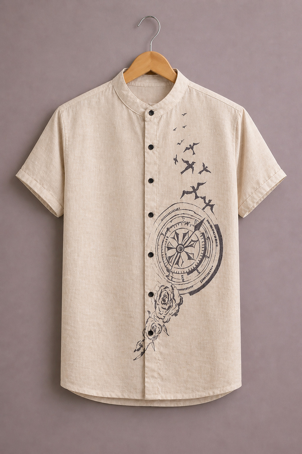 Premium Compass Printed Shirt for Men – Minimal Travel Graphic Half Sleeve Casual Shirt