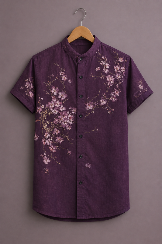 Men’s Purple Floral Vine Shirt – Stylish Elegant Half Sleeve Casual Wear