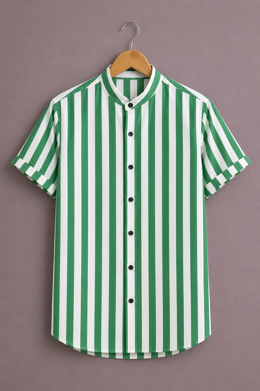 Men’s Green & White Stripe Shirt – Stylish Vertical Pattern Casual Wear