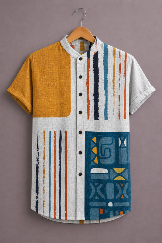 Modern Patchwork Designer Shirt for Men – Premium Casual Half Sleeve Outfit
