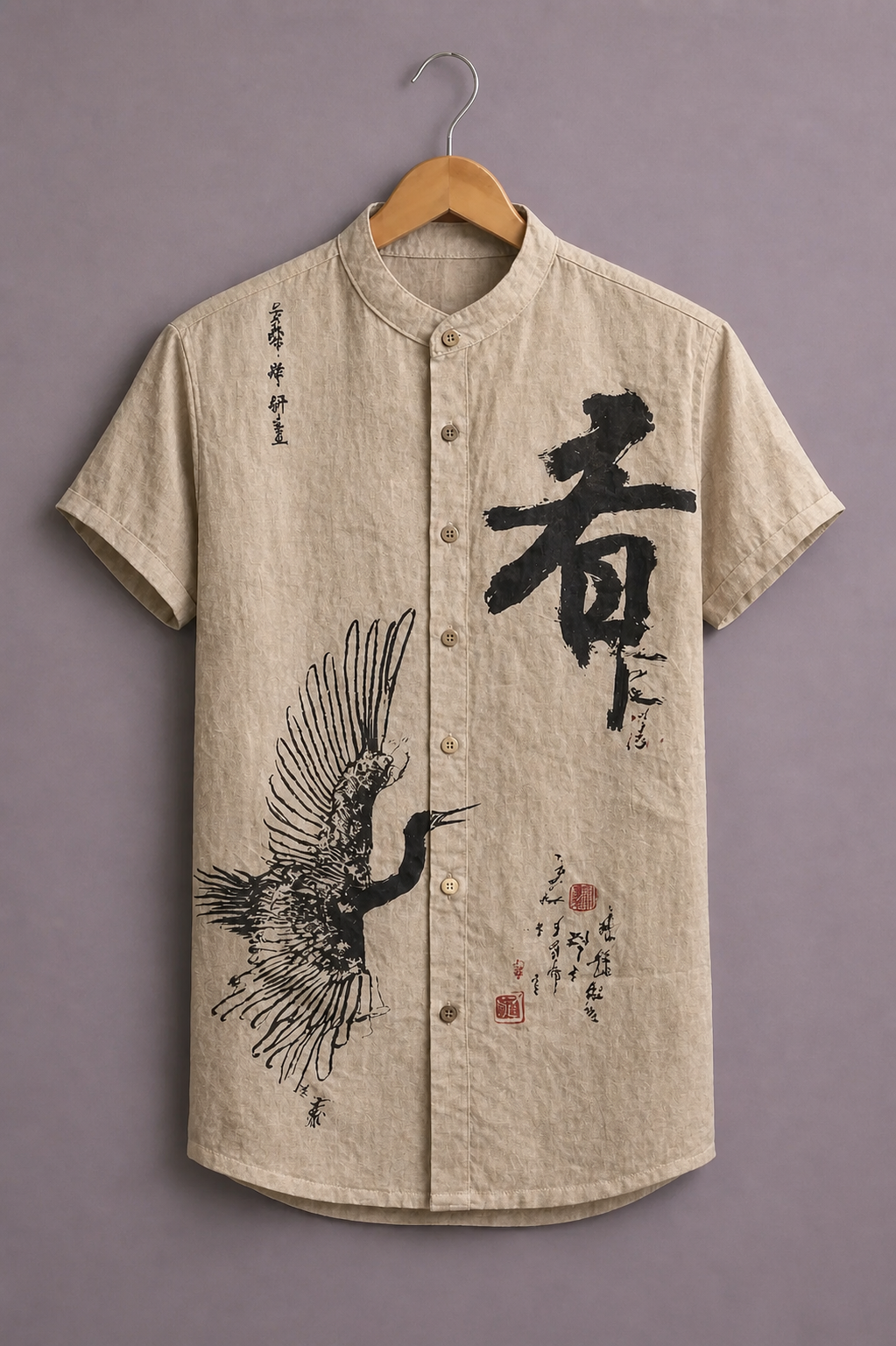 Men’s Japanese Art Graphic Shirt – Premium Crane Print Casual Outfit