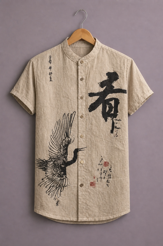 Men’s Japanese Art Graphic Shirt – Premium Crane Print Casual Outfit