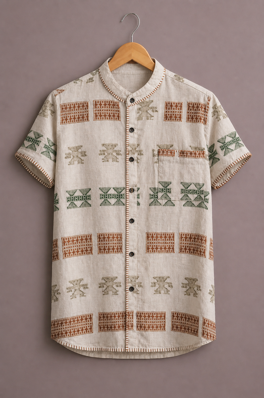Premium Ethnic Pattern Printed Shirt for Men – Traditional Designer Half Sleeve Casual Shirt