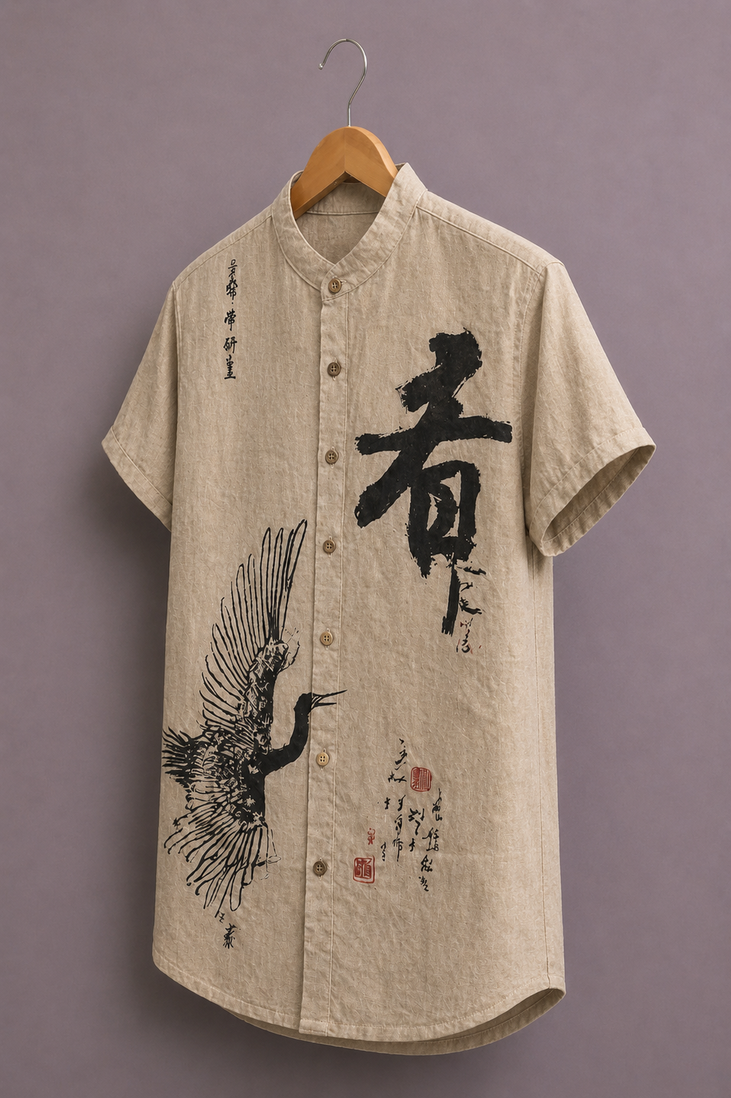 Men’s Japanese Art Graphic Shirt – Premium Crane Print Casual Outfit