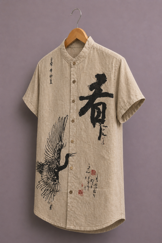 Men’s Japanese Art Graphic Shirt – Premium Crane Print Casual Outfit